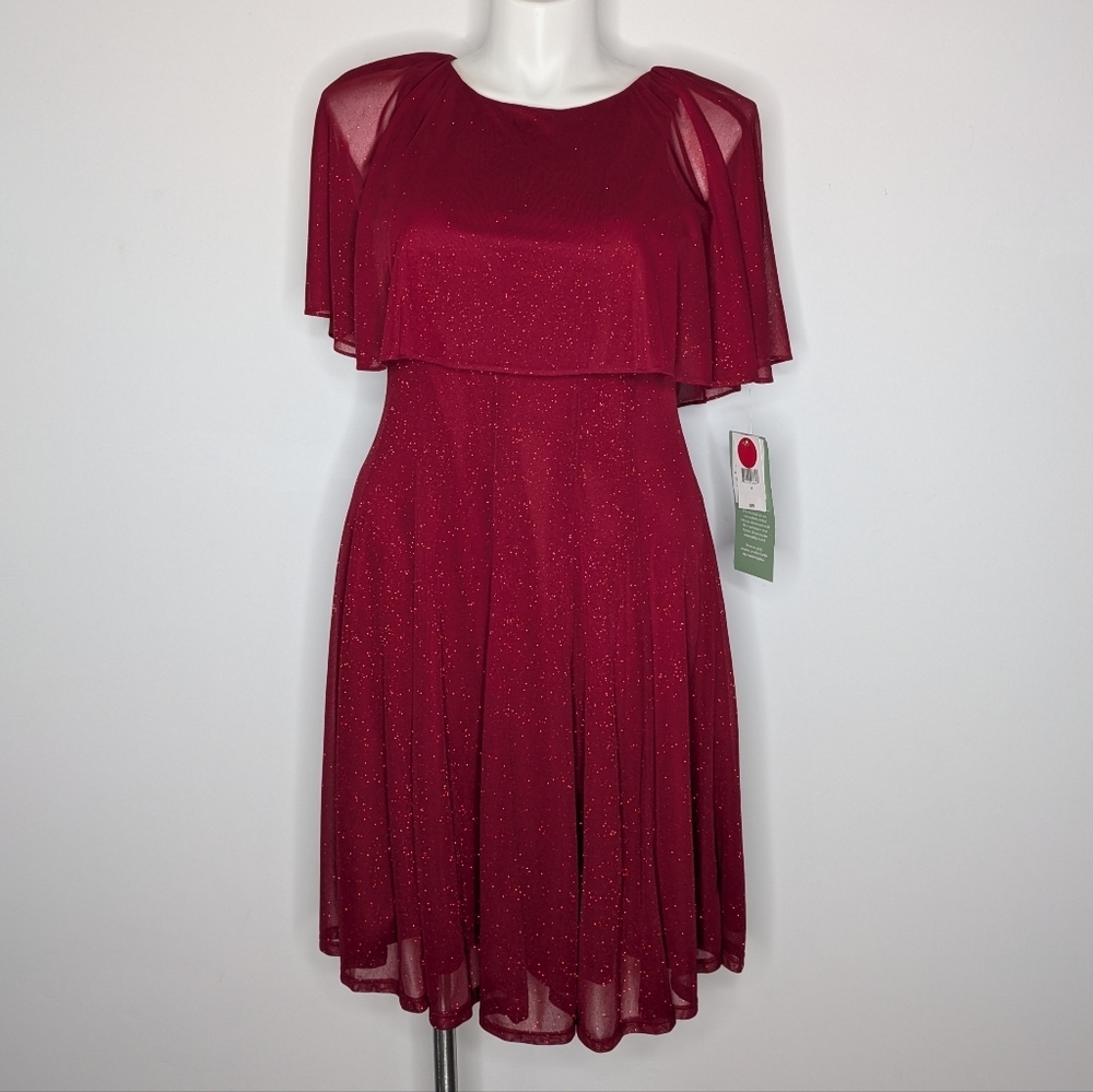 NWT J Taylor Red Shimmer Overlay Shoulder Short Sleeve Knee Length Dress 14